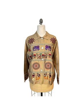 Vintage Chicos Size 2 Large Hand-Embroidered Silk Jacket W/ Colorful Folk Art Pa